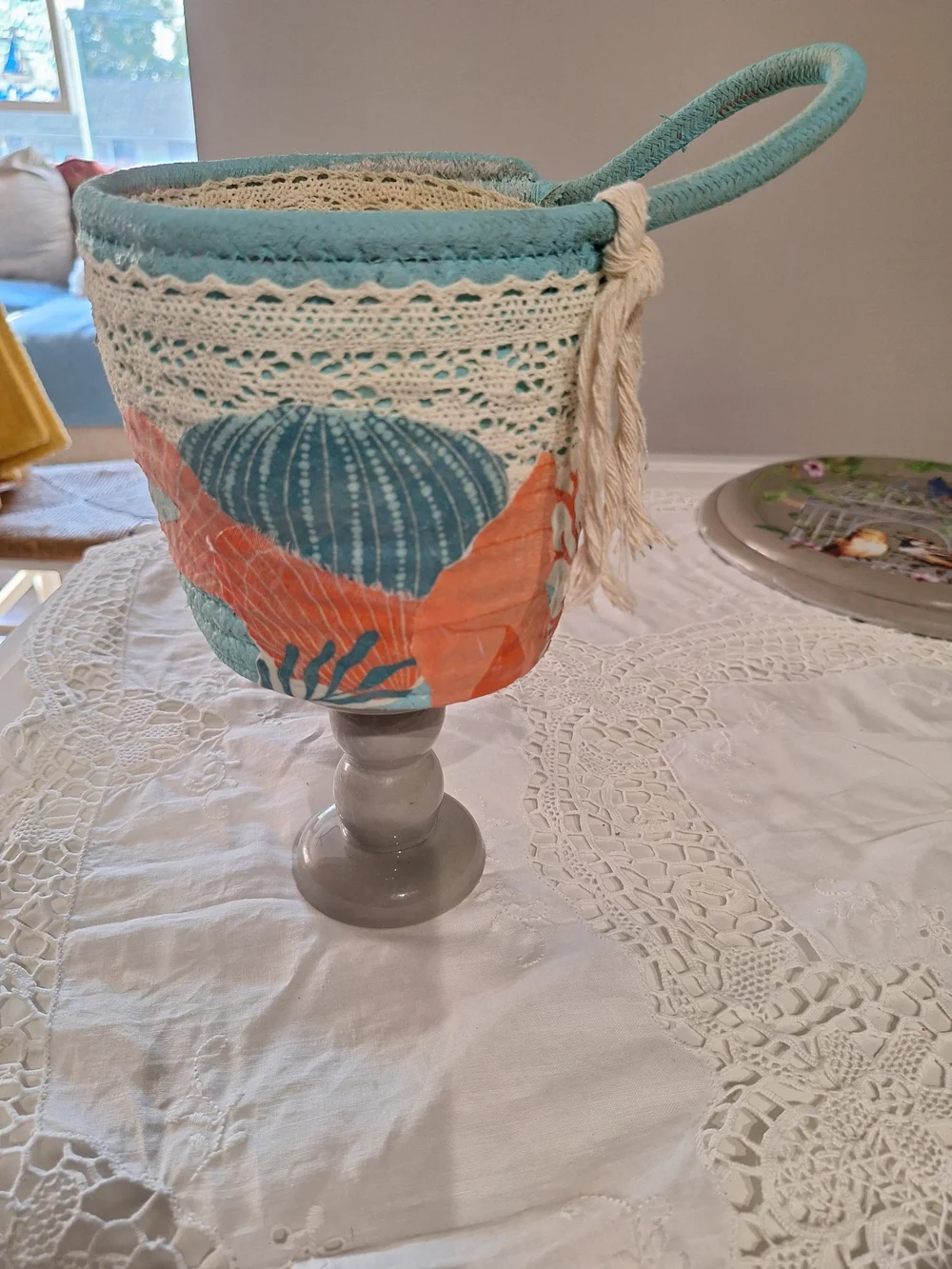 Seashell Fabric Storage Basket with Turquoise & Coral Accents